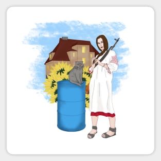 Armed Ukrainen woman with cat. Sunflowers Magnet